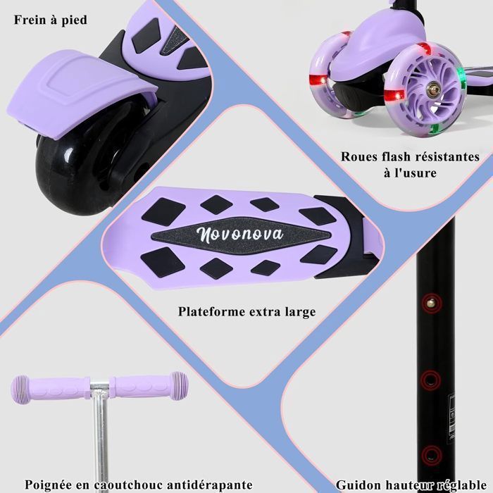 Trottinette Pliable avec 3 Roues Lumineuse LED pour Enfant 2 à 5 Ans Guidon Réglable en Hauteur 3 Niveaux Violet