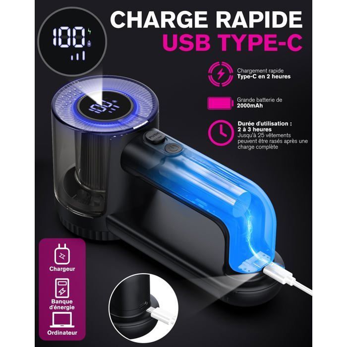Electric fabric shaver, Type-C, LED screen, 2000mAh, 6 blades, 3 adjustable speeds, for clothes and sofas.