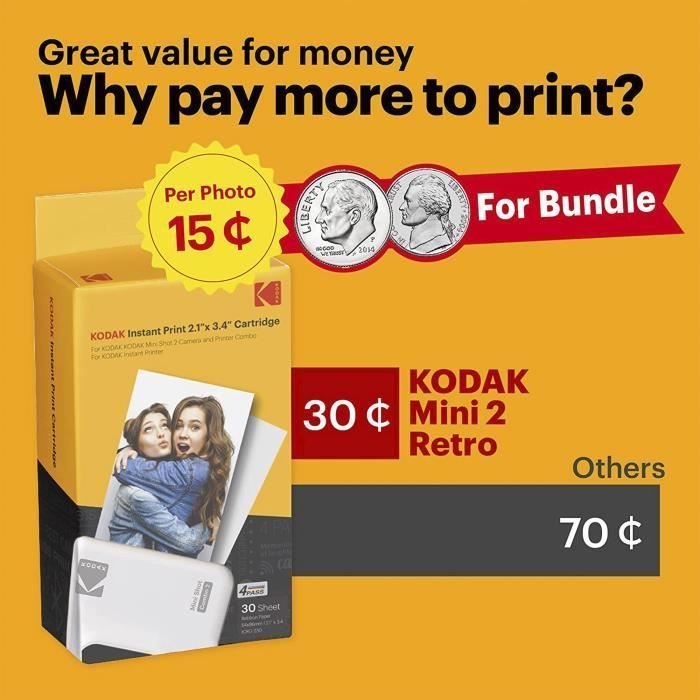 Imprimante Photo Mobile - Kodak - Mini 2 - Bluetooth - 5,4 x 8,6 cm - 68 Photos Incluses