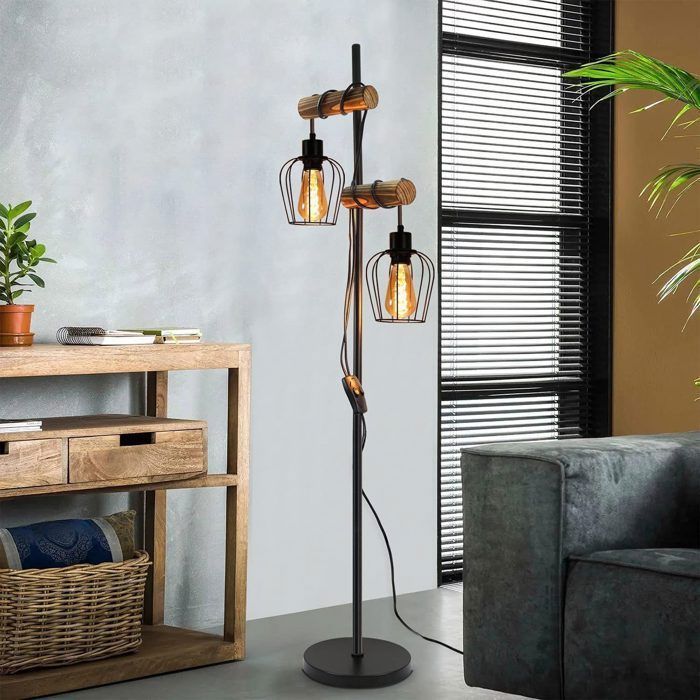 Vloerlamp - NETTLIFE - 2 metalen en houten lampen - E27 - Hoogte 151 cm - Zwart