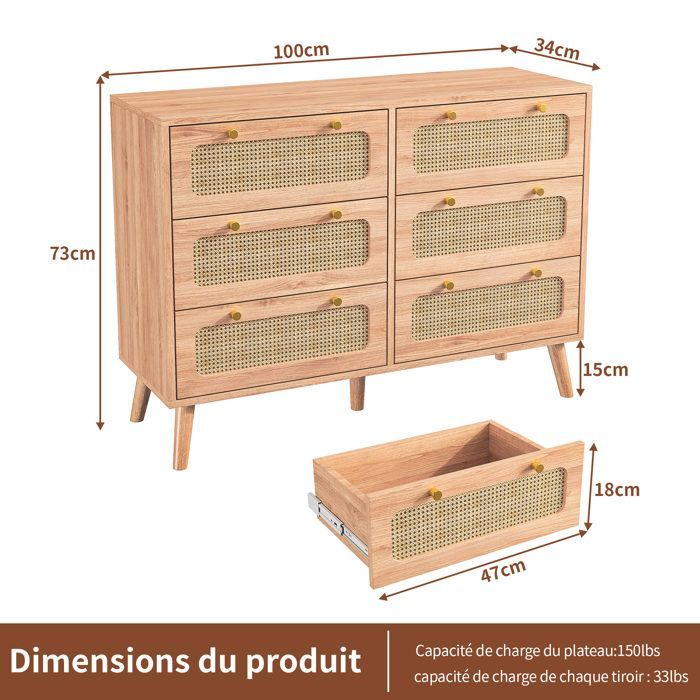 Commode - 6 Tiroirs - Bois Naturel - Finition en Rotin - Style Vintage