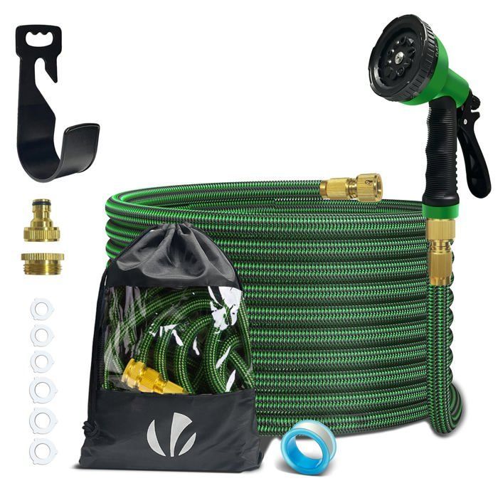 VOUNOT® Reinforced Expandable Garden Hose 15m Green - 10 Modes - Connector and Storage Bag Included - Flexible, Leak-Proof