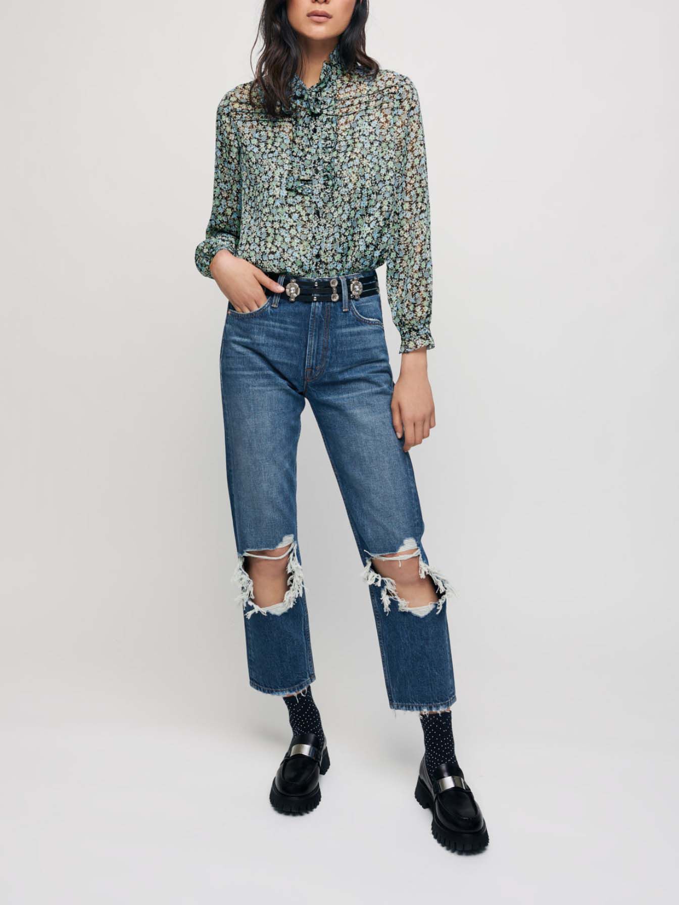 Jeans met hoge taille en verwassen look - Blauw