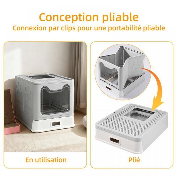 SUPFINE Bac à Litière pour Chat avec 2 Portes, Maison de Toilette Pliable pour Chat avec Couvercle et Tiroir, 41 × 51 × 38 cm