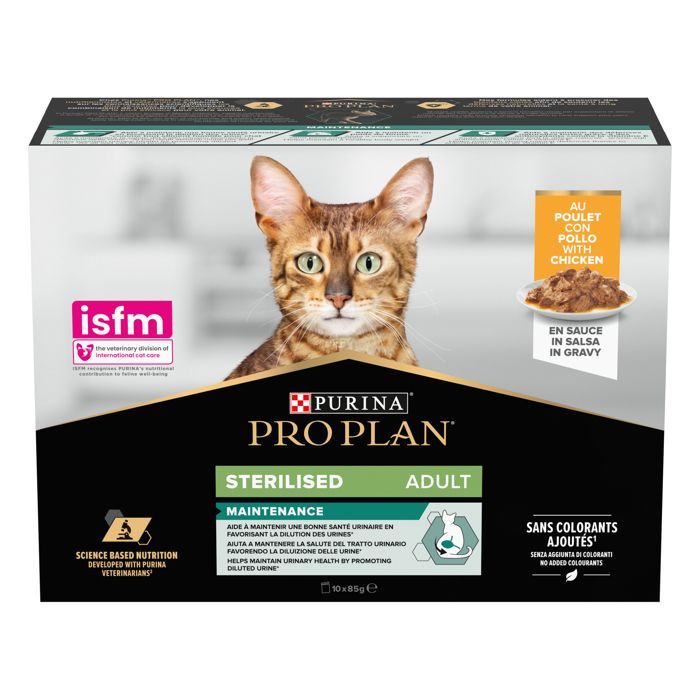 PRO PLAN Adultos Esterilizado Mantenimiento Pollo en Salsa 10x85g Bolsitas para Gatos Adultos