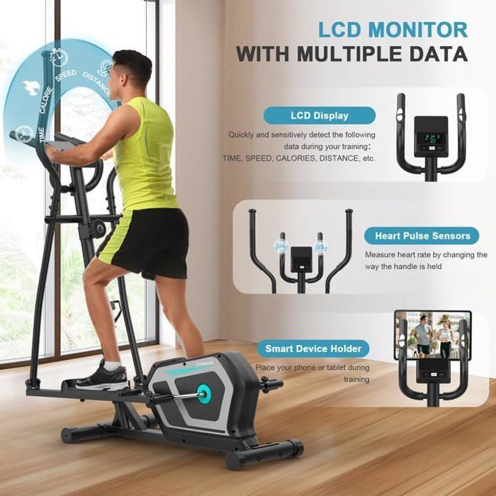 Elíptica silenciosa 3 en 1, 16 niveles de resistencia, peso máximo 130 kg, pantalla LCD, compatible con aplicación, ideal para entrenamiento cardiovascular en casa, color negro y azul.