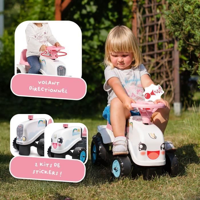 Rainbow Farm Ride-On Tractor - FALK - Steering Wheel with Horn - White and Pink - 100% Made in France - Ages 12 Months+