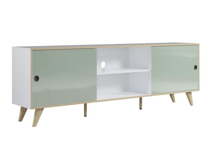 Melanie tv-meubel met 2 deuren en 2 planken, wit, groen en naturel hout