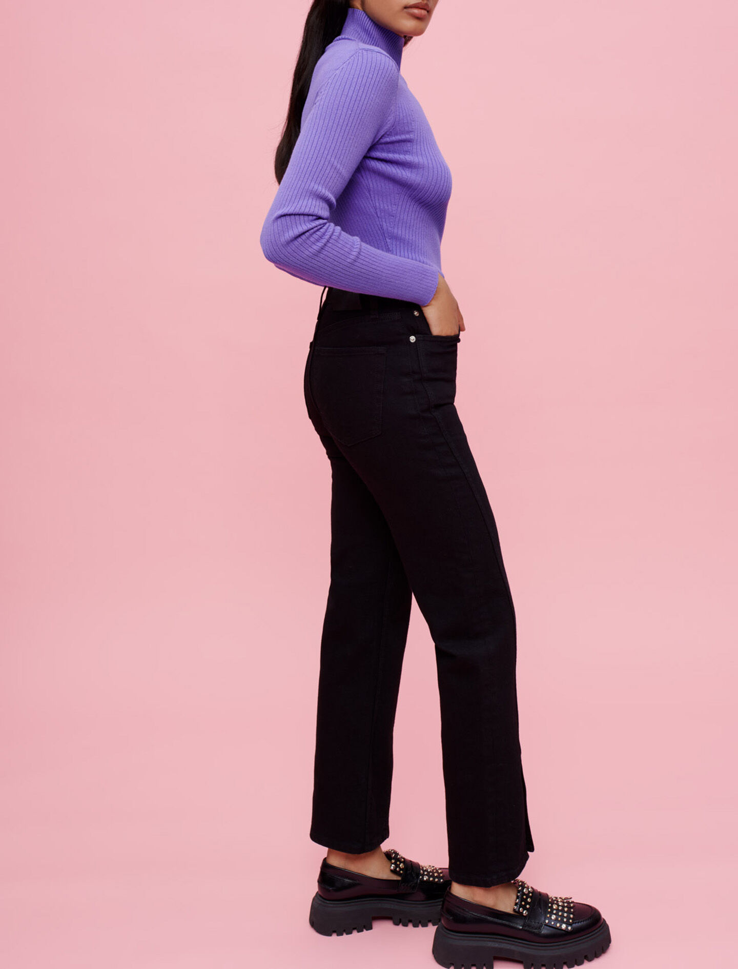 Jeans met hoge taille en splitten aan de voorkant - Zwart