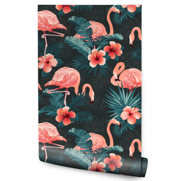 Tapeta Do Salonu FLAMINGI Różowe Kwiaty Liście 3D