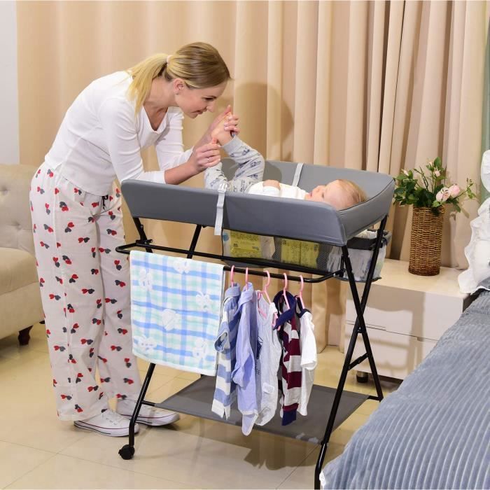 Table à langer Pliable pour bébé avec Roulettes, Sac de rangement - Hauteur réglable -Gris