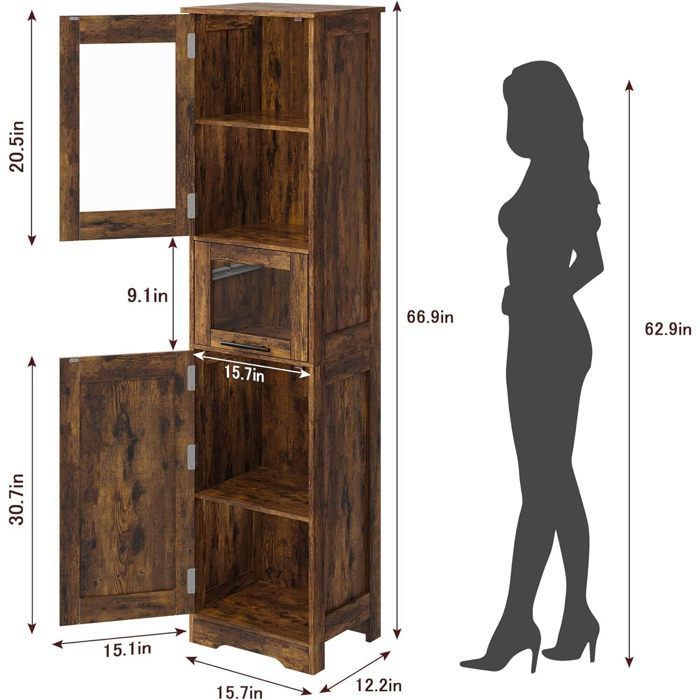 Badkamerkast met 5 planken en 2 deuren, verstelbare plank en anti-kantelbeveiliging, 40x31x170 cm