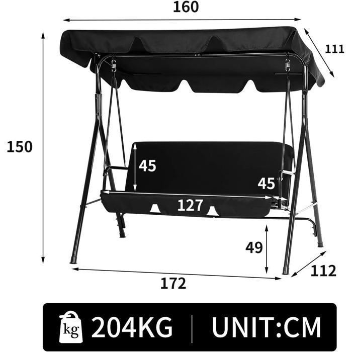 Columpio de jardín YODOLLA de 3 plazas - Toldo impermeable ajustable, cojín extraíble, para jardín y patio, 172x112x150 cm, negro