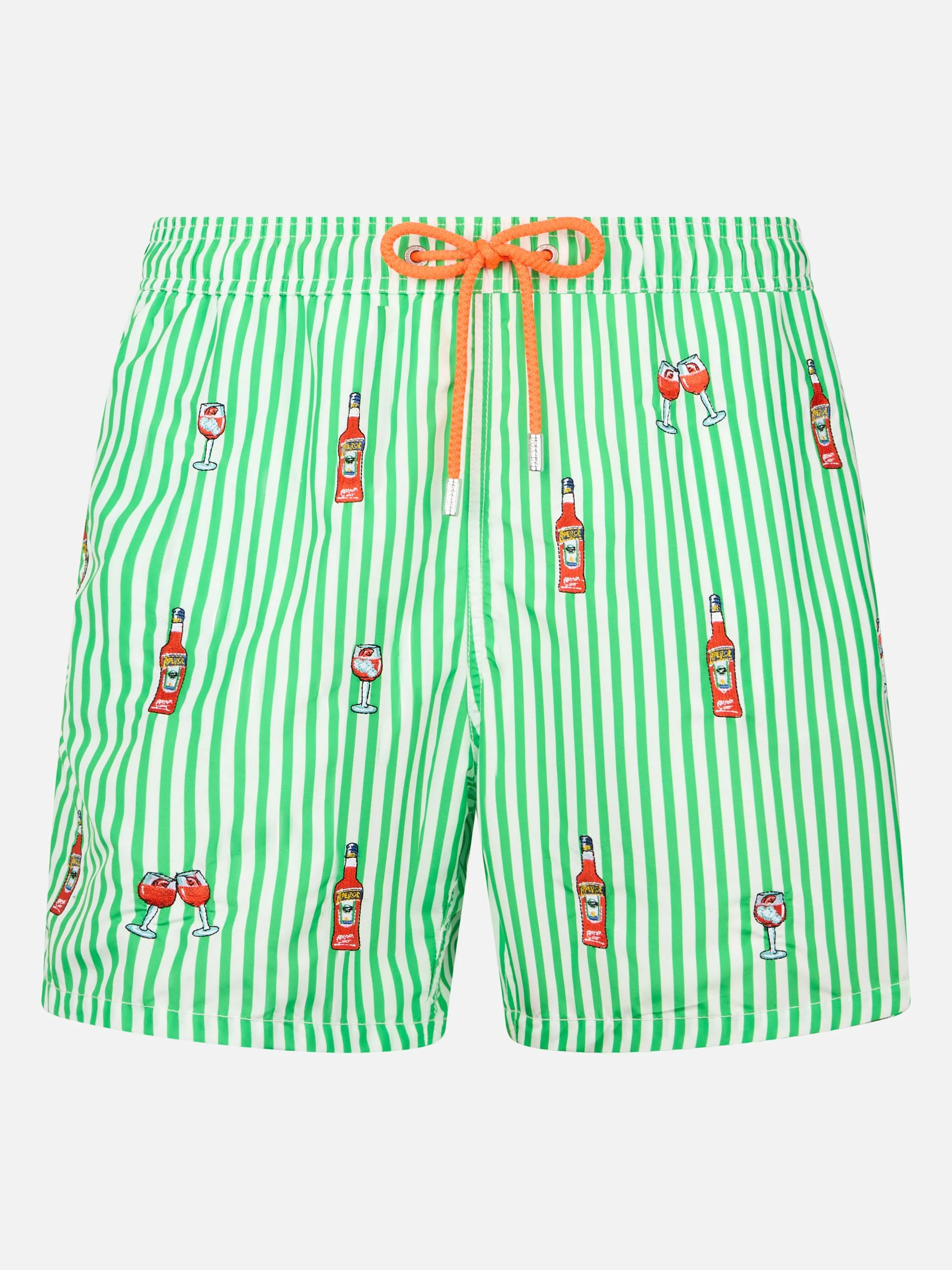 Middellange gestreepte Gustavia zwembroek voor heren | Aperol Spritz Special Edition borduurwerk | Groen-witte print | Elastisch, verstelbaar
