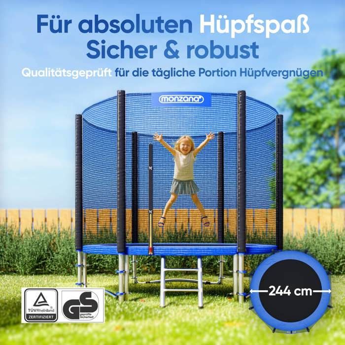 MONZANA® Ronde buitentrampoline Ø244cm max. 120kg complete set inclusief veiligheidsnet, toegangspoort, ladder en springmat
