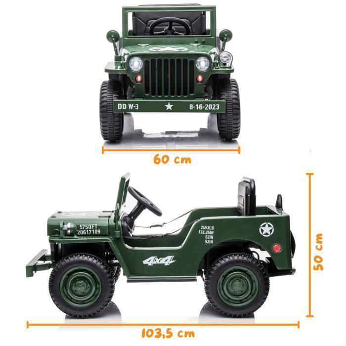 VROOOMY Willys Auto elettrica militare 12V - Verde militare - Età 1-6 anni - Pneumatici in EVA - Bluetooth - Pala inclusa