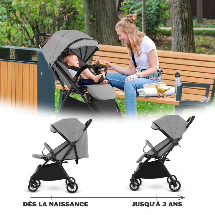 Cochecito urbano ultracompacto - De 0 a 36 meses, hasta 15 kg - Plegado con un solo clic, respaldo ajustable, doble freno - Gris