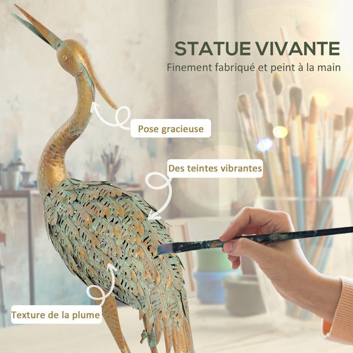 Statue jardin exterieur de héron - Outsunny - en métal 90 cm - pour étang, patio, terrasse, pelouse - multicolore