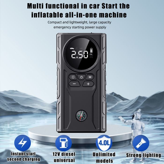 Arrancador de batería para coche, arrancador de 1800 A, arrancador de coche de 12 V, con puerto de carga USB, luz LED, pantalla panorámica HD.