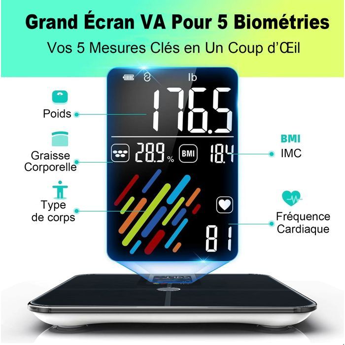 Balança de banheiro inteligente com Bluetooth, 22 pontos de medição, monitor de frequência cardíaca, visor VHA, compatível com aplicativos iOS e Android, capacidade máxima de 180 kg.