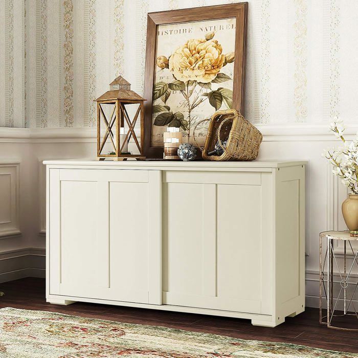Aparador de cocina contemporáneo COSTWAY, lacado en beige, con puerta corredera y 2 estantes de MDF, 106,5 x 33 x 60 cm.