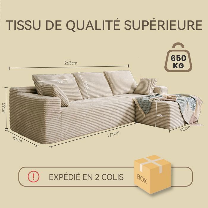 Sofá esquinero derecho de 263x171x59cm, combinación libre, no requiere montaje, sofá en forma de L de 4 plazas con chaise longue, pana beige.
