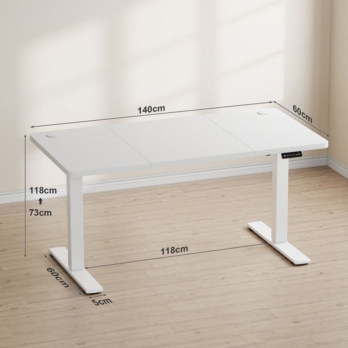 Escritorio eléctrico regulable en altura de 140x60cm, color blanco - Altura ajustable (73-118cm) - Motor silencioso con memoria y puertos USB