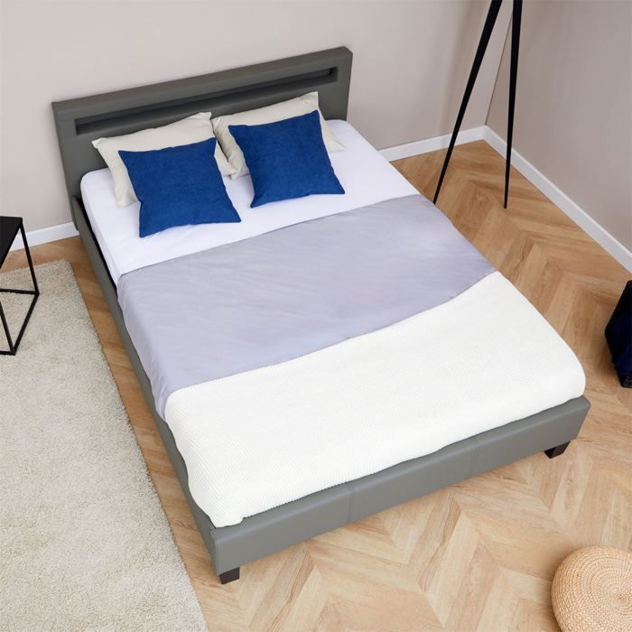 Lit LED double 140x190 cm avec sommier, tête de lit confortable, lit 1 place revêtement synthétique gris, PINOT