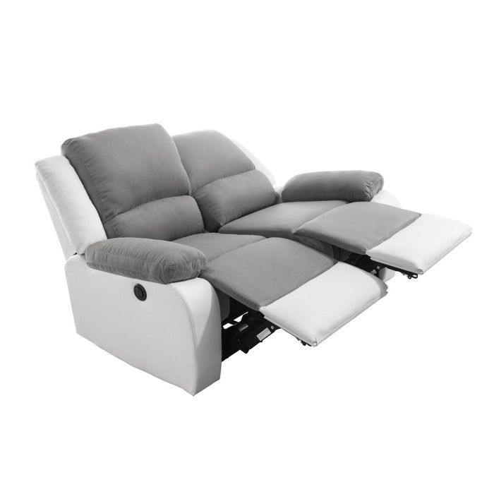 Canapé de Relaxation électrique 2 places Microfibre et Simili LEO - Blanc et gris - L143 x 93 x 96cm - LOUNGITUDE