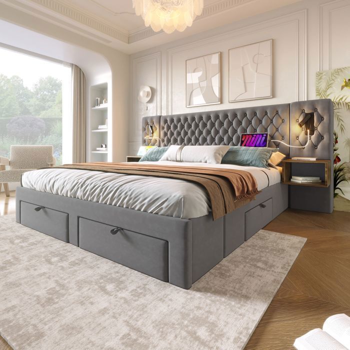Letto matrimoniale contenitore 160 x 200 cm con lampada da lettura e porta USB, letto con 2 tavolini e 4 cassetti, rete a doghe, velluto grigio