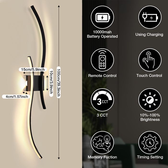 apliques LED de pared para interiores, diseño curvo, luces laterales recargables, temperatura ajustable, para pasillo/dormitorio.