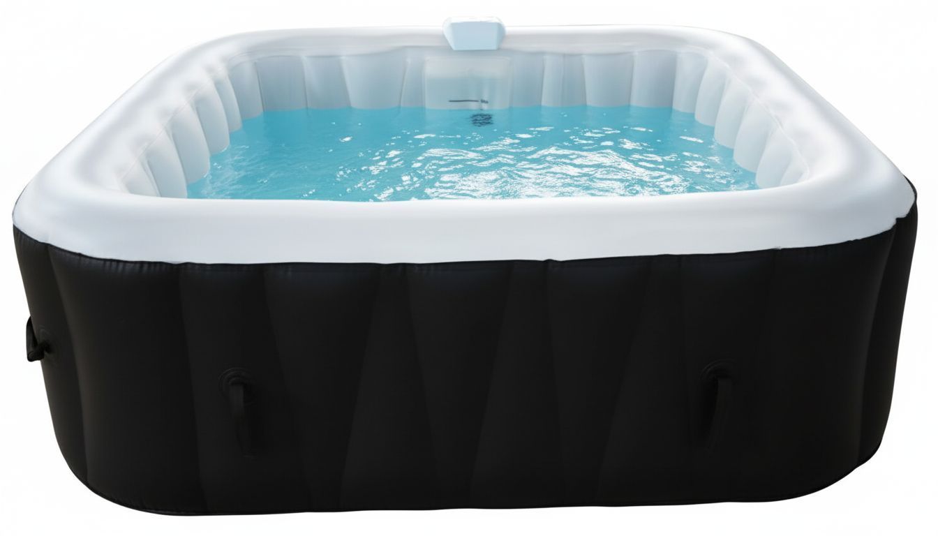 KIT TOUT INCLUS SUNSPA: spa gonflable carré 6 places et accessoires : 4 appuis têtes, filtre, épuisette, brosse, tapis, couverture