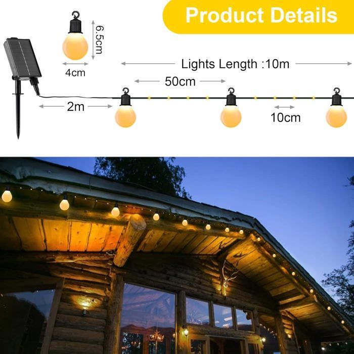 Solar buitenverlichting met 20 G40-lampjes, 10 meter, 100 LED's, 8 standen, waterdicht, decoratief (wit)