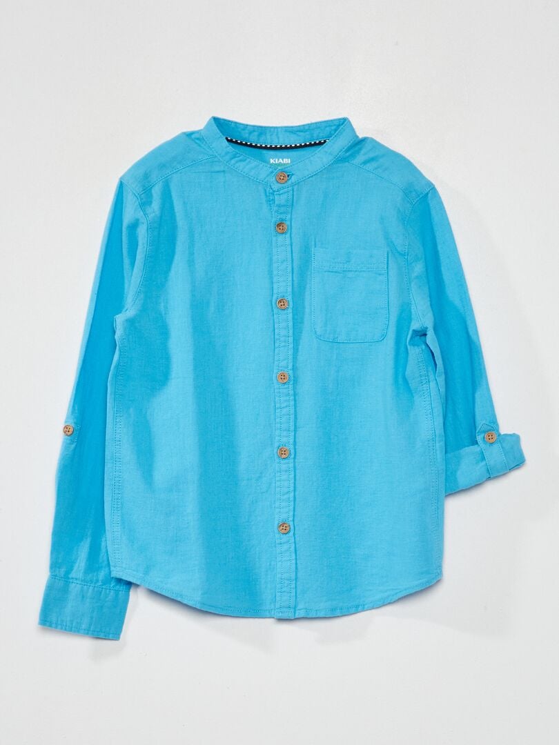 Camisa de linho com gola mandarim - AZUL