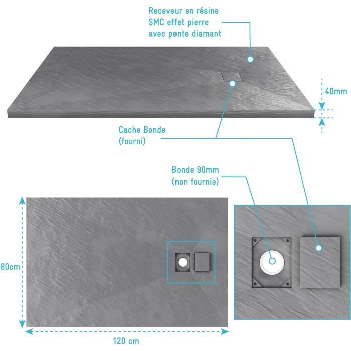 Plato de ducha de resina con efecto piedra - AURLANE - Piedra - Gris - 80 x 120 cm - Pendiente de diamante - 40 mm de espesor