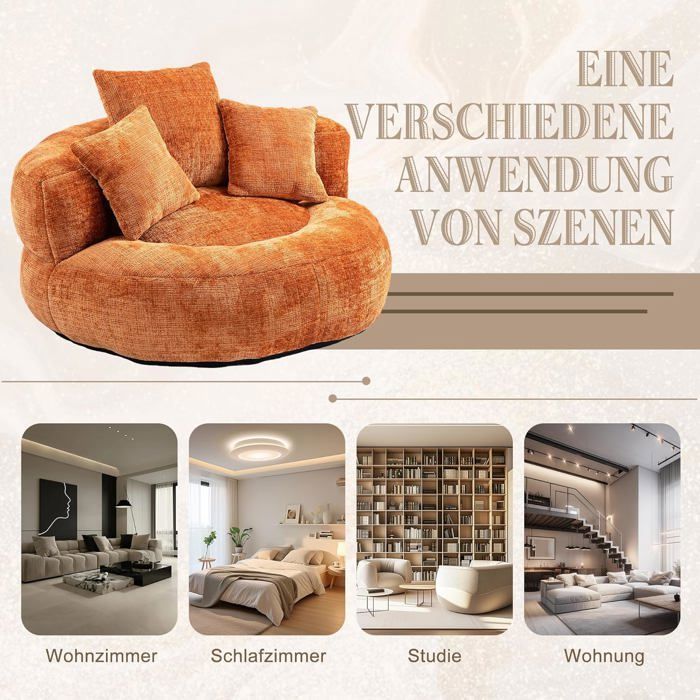 Sillón puf de chenilla LEMONBEST, 2 plazas con 3 cojines - 108×108×52 cm Naranja