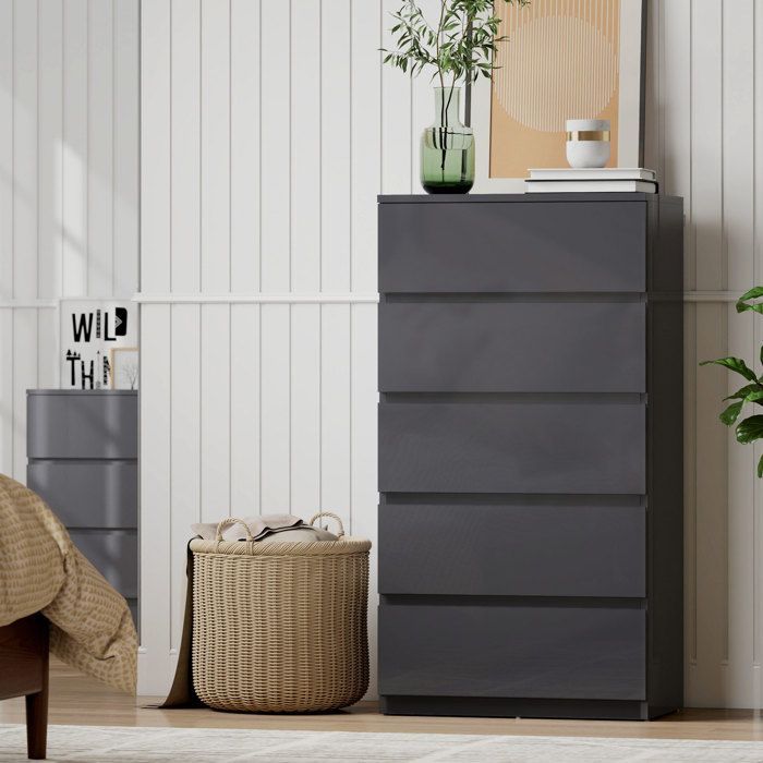 Commode 5 tiroirs - HOMCOM - haute brillance - fermeture douce et silencieuse - panneau de particules - 53 x 34 x 100 cm - gris