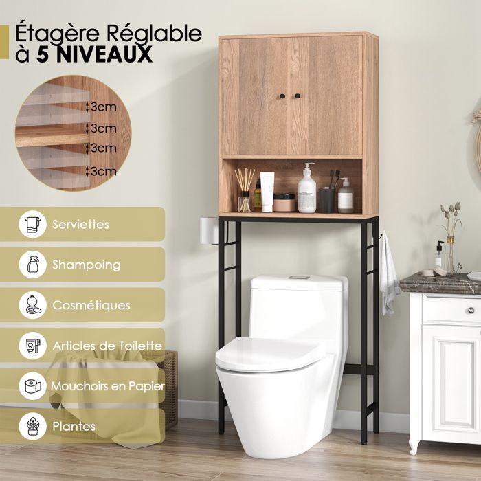 Armario para inodoro GOPLUS - Unidad de almacenamiento sobre el inodoro, compartimento abierto - Estante ajustable, para cuarto de lavado, color natural