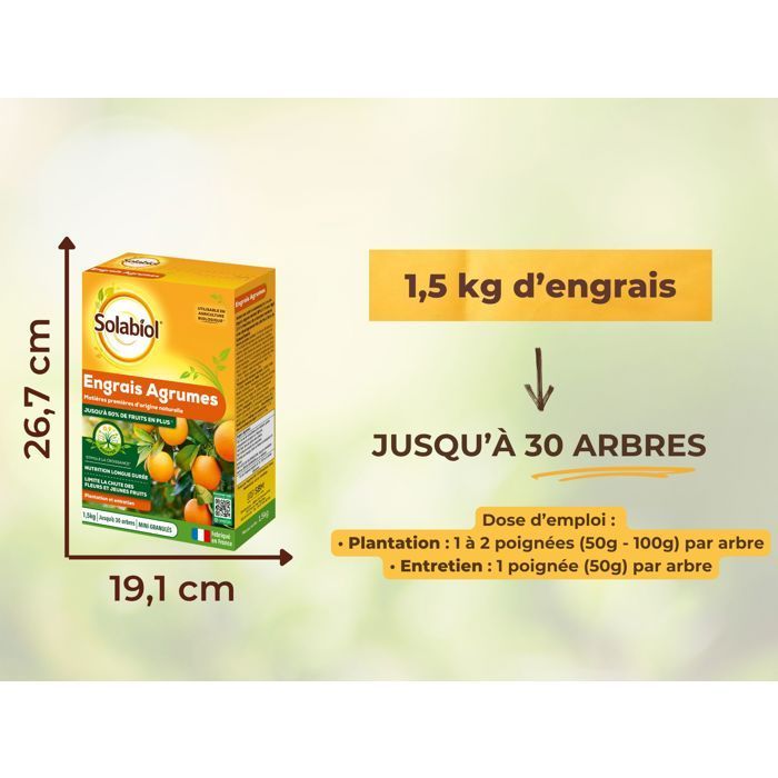 SOLABIOL Engrais agrumes - 1,5kg - Favorise la fructification - Nutrition longue durée - Jusqu'à 60% de fruits en plus - UAB