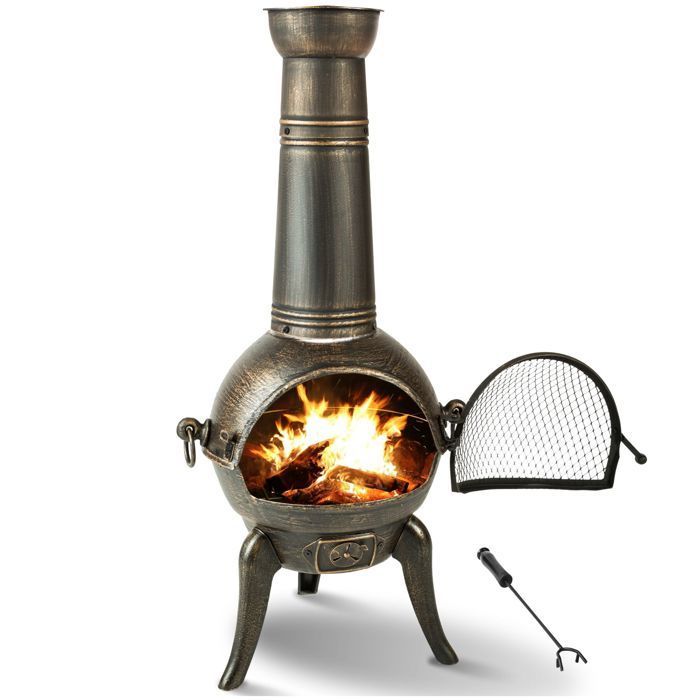 Estufa de leña - TECTAKE - Brasero de jardín de hierro fundido con chimenea y parrillas extraíbles 52 x 44 x 115 cm