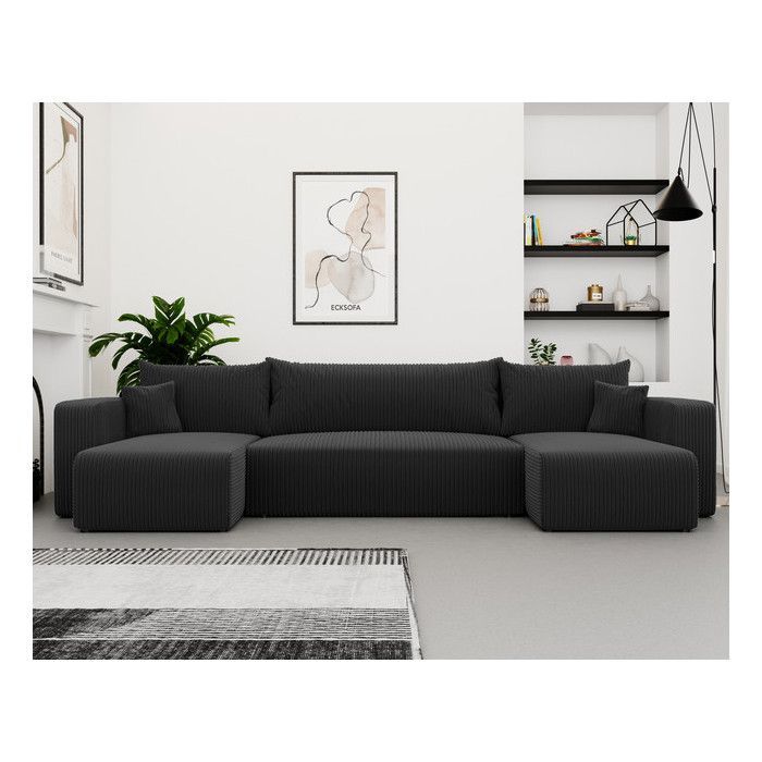Canapé d'angle Panoramique PIANO U - 7 places - Canape Convertible avec Coffre - Tissu Velours Cotelé - Anthracite