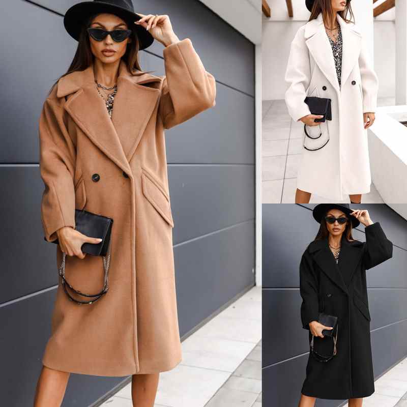 Cappotti di Lana Eleganti da Donna, Capospalla Invernale con Risvolti, Cardigan Casual a Maniche Lunghe, Cappotto Lungo Monocromatico di Alta Moda