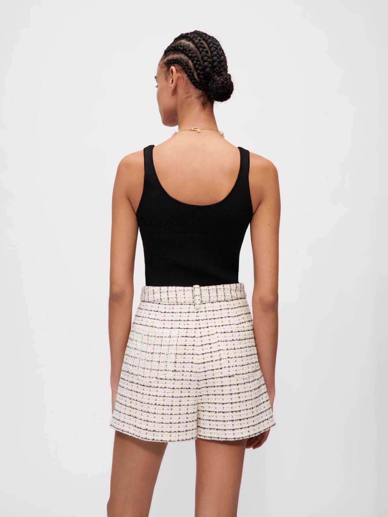 Pantaloni scurți din tweed cu pătrățele și carouri - Ecru Noir