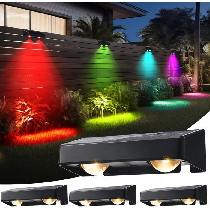 Lampe Solaire Exterieur Jardin,Lot de 4 Applique Murale Solaires 11 Modes Étanche LED Lumières de Clôture Éclairage Décoration