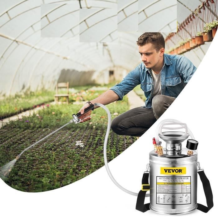 Spruzzatore da giardino a pressione in acciaio inox con manometro, spruzzatore a zaino da 6 litri con getto regolabile per giardino, pulizia del terreno e nebulizzazione delle piante.