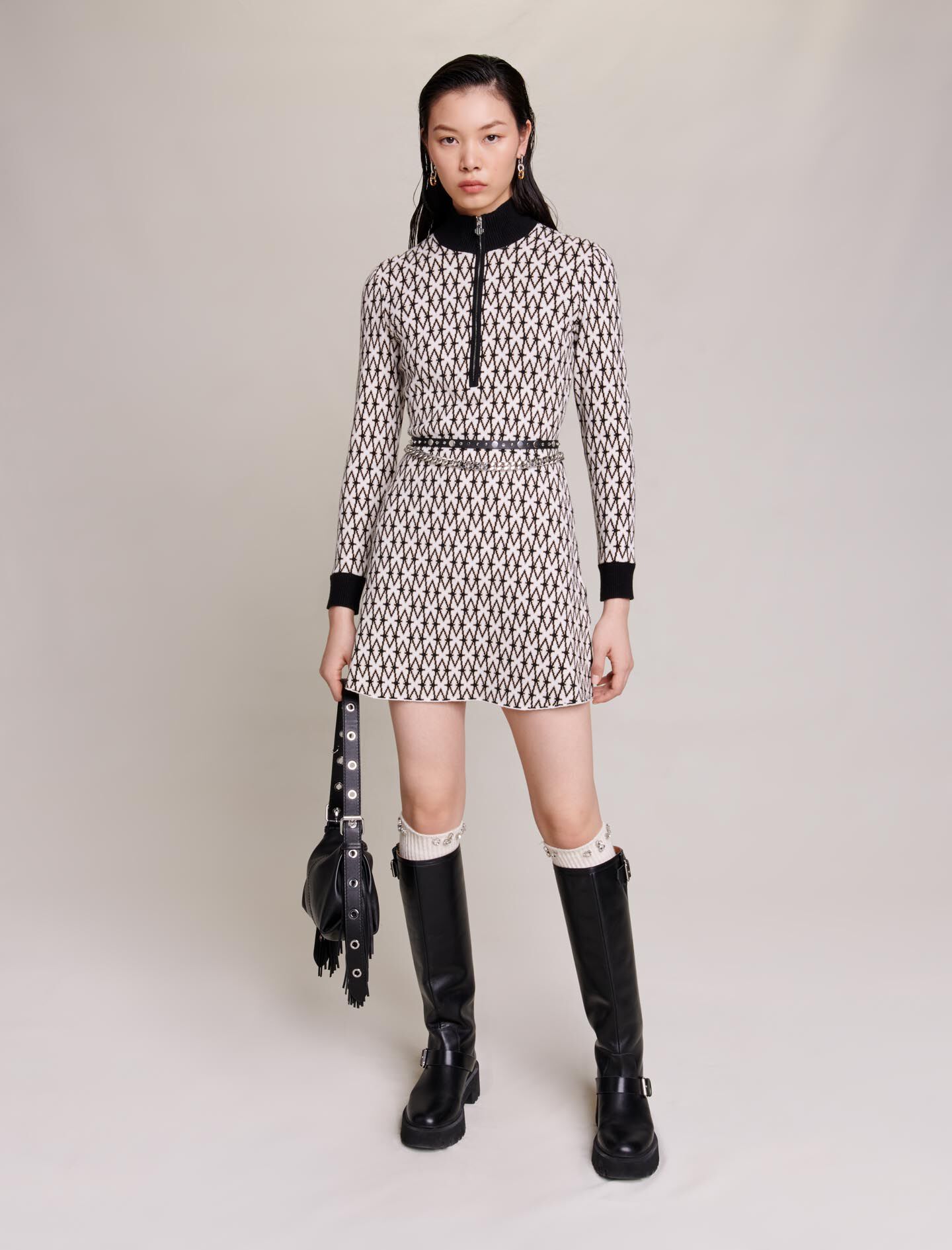 Rochie scurtă cu monogramă jacquard - Ecru Noir