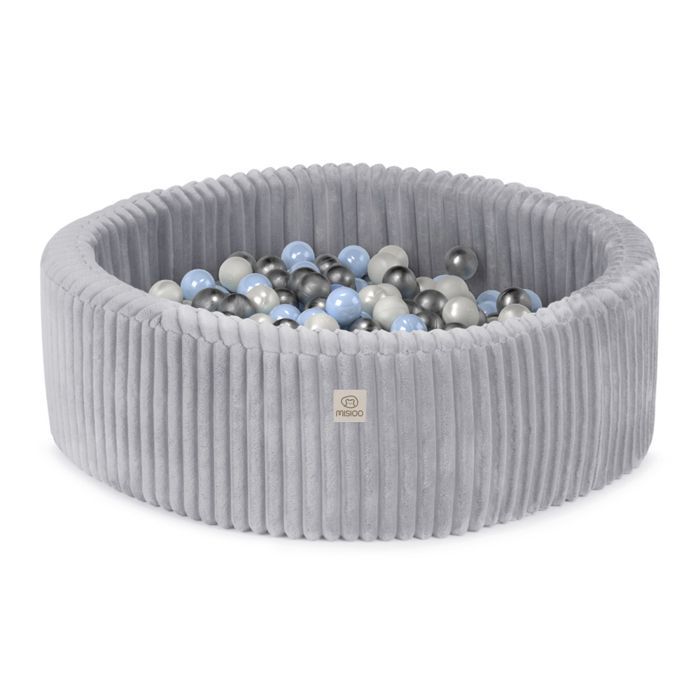 MISIOO Round Ball Pit for Babies and Children, Thick Corduroy, Grey, 90x30 cm, 200 Balls: Blue/Silver/Pearl White