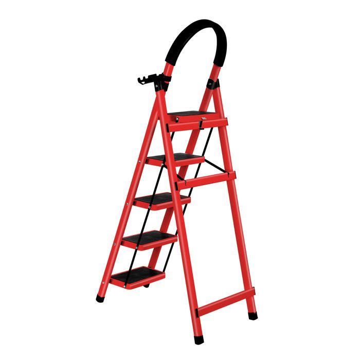 Red - 152cm Folding 5-Step Steel Step Ladder, Ladder with Handle and Non-Slip Footplate, 150KG Load Capacity