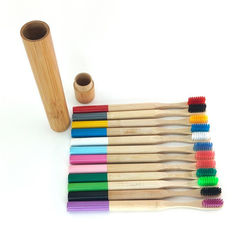 Brosse à dents en bambou avec tube en bambou, écologique, naturelle, étui de voyage, tête souple, lot de 2