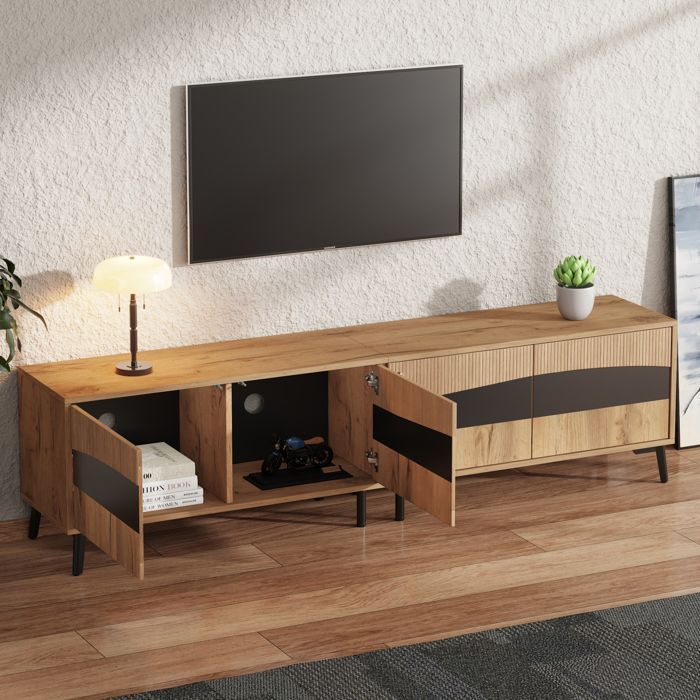 Mueble para TV - LEMONBEST - Mueble moderno para TV de salón - 180x40x50 cm - 4 puertas - Madera y negro